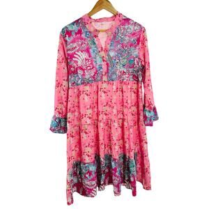 Boho Pink Floral Tiered Midi Dress